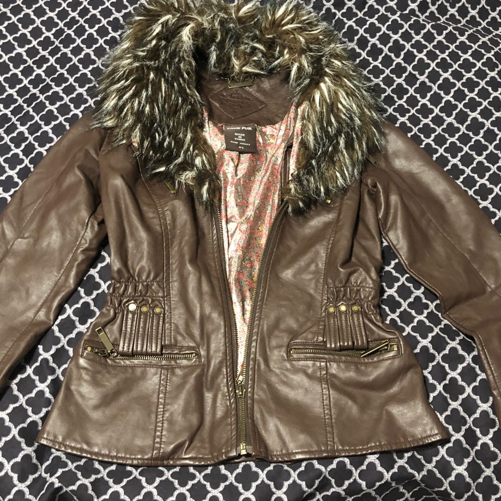 Jou Jou Girls Faux Fur Collar Full Zip Jacket